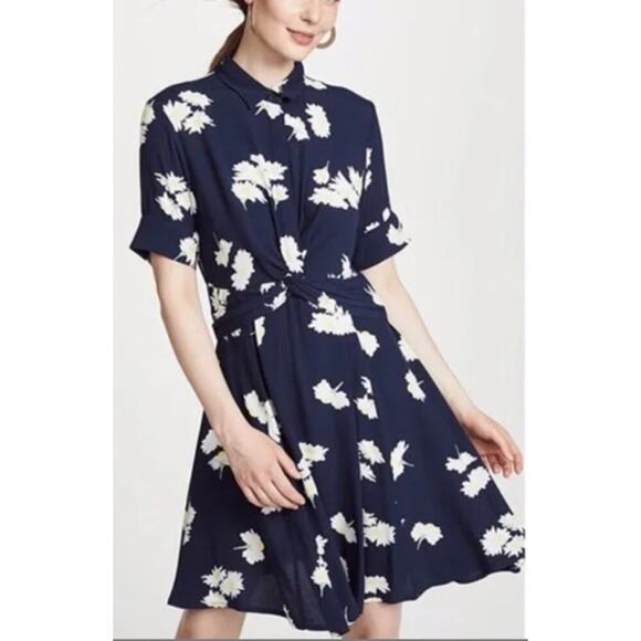 Ganni NWOT Silvery Crepe Twist Dress Daisy Flowy Mini Navy Blue White Size Small - Picture 2 of 12